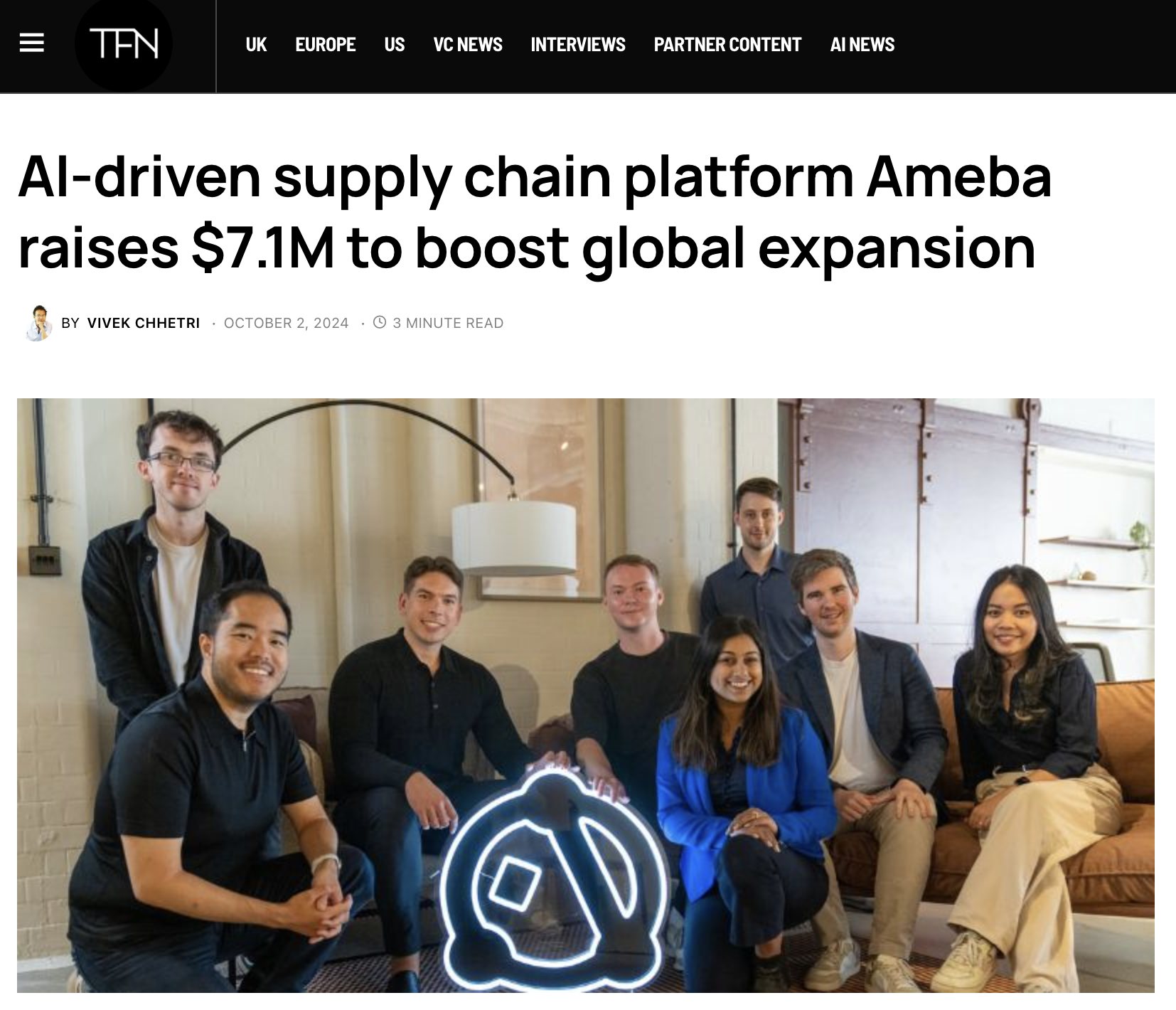 Tech Funding News article: AI-driven supply chain platform Ameba raises $7.1M to boost global expansion