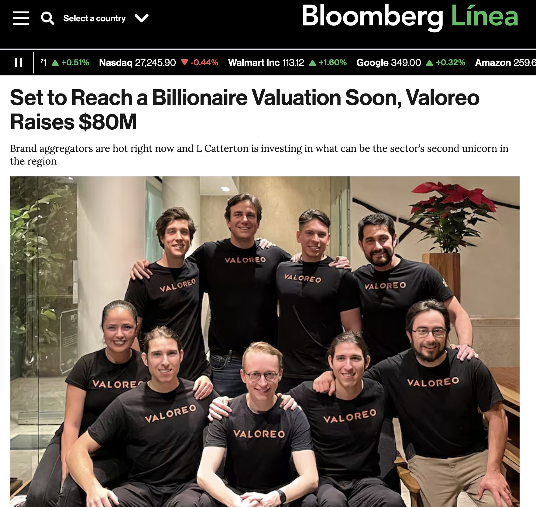 Bloomberg Línea article: Set to Reach a Billionaire Valuation Soon, Valoreo Raises $80M