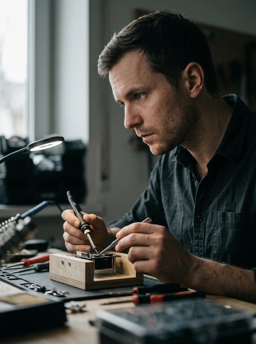 Hands soldering components onto a printed circuit board