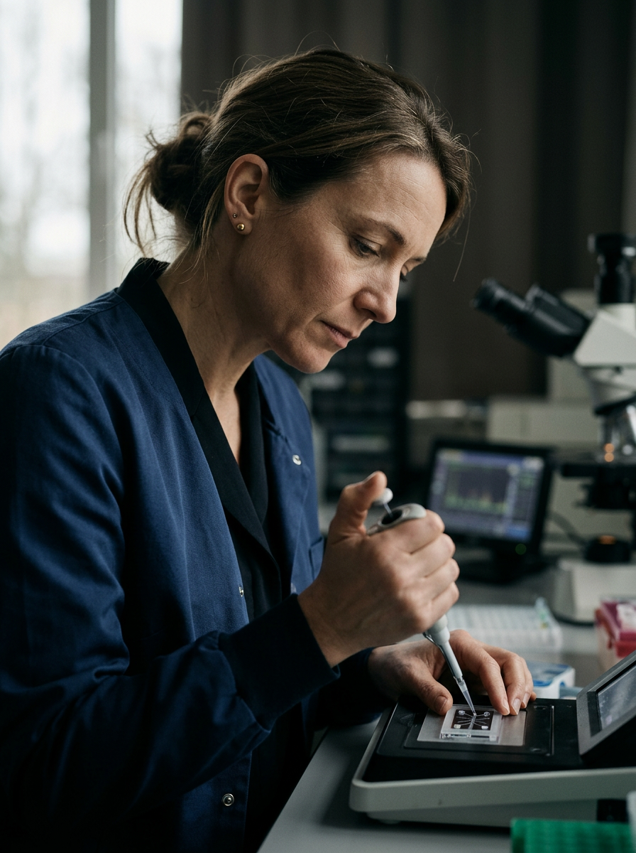 Gloved hands conducting research at a laboratory bench