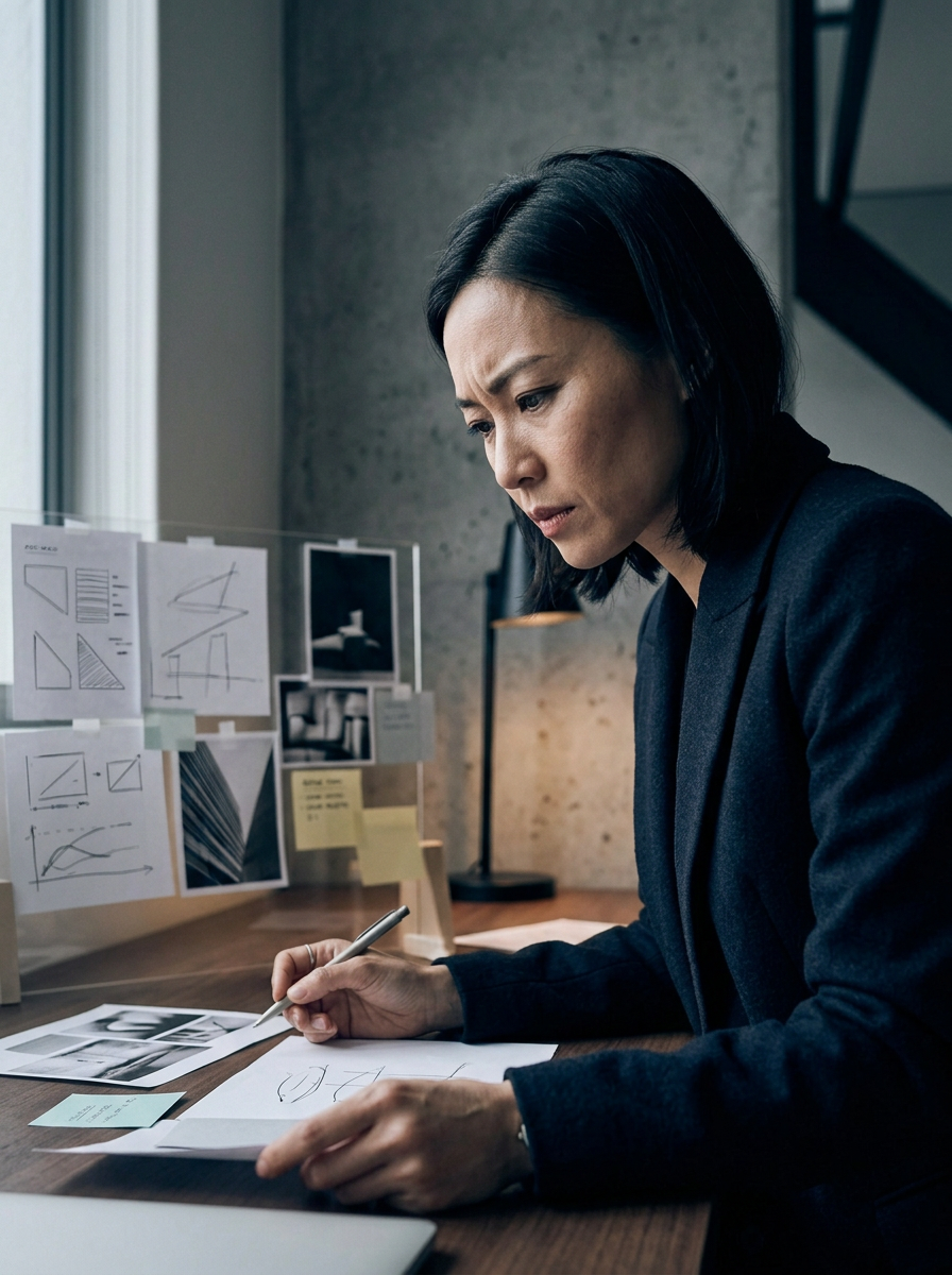 Hands arranging and pointing across a visual ideas board
