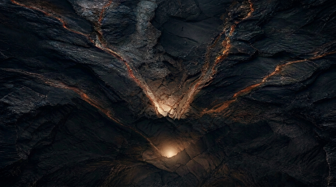 A slender copper-lit path crossing a vast dark geological landscape toward the horizon